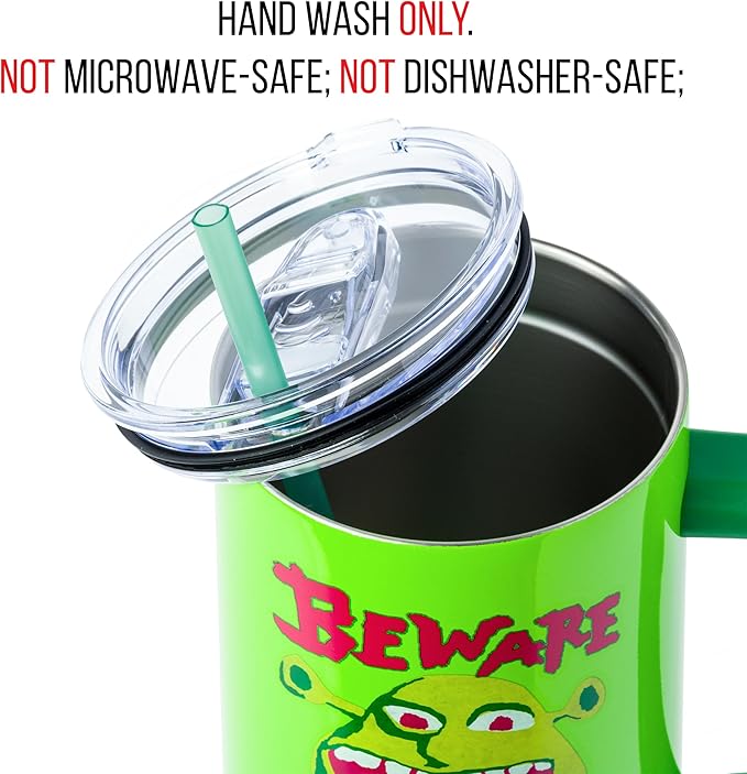 Silver Buffalo Shrek Beware Ogre Double Walled Stainless Steel Tumbler with Handle and Straw, Fits in Standard Cup Holder, 40 Ounces