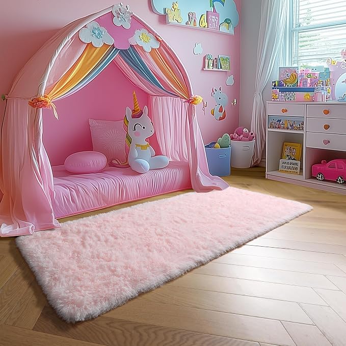 Amdrebio Pink Shag Plush Runner Area Rug 2x6 for Girls Bedroom Kids Room | Fluffy Fuzzy Furry Shaggy Carpet, Nursery Classroom Preppy Dorm Playroom Decor, Cute Princess Aesthetic, Baby Toddler Corner