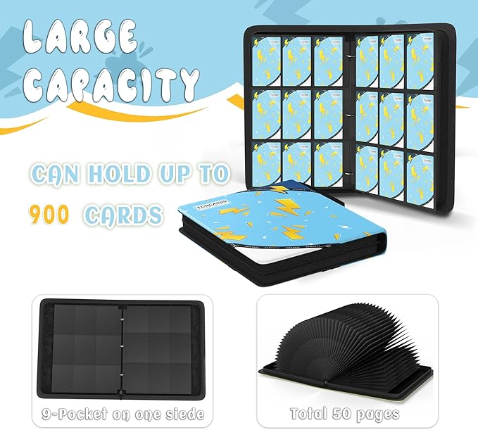 Trading Card Binder 9 Pocket,Card Binder 900 Pockets,Card Book Holder Cards with 50 Removable Sleeves,3-Ring Zip Design MTG/TCG/Sport Collectible Trading Card Albums Gifts for Boys and Girls (Blue)