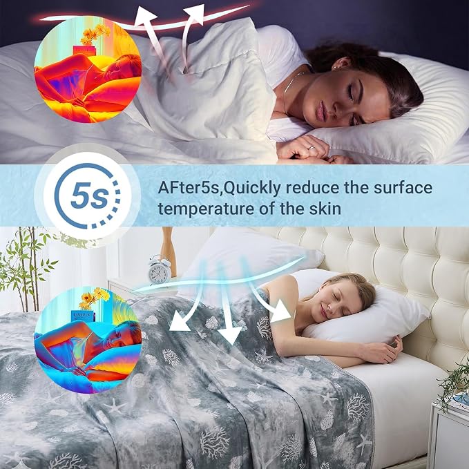 Cooling Blanket Throw Size (50"x70"), Double Sided Ice Cold Blanket for Hot Sleepers, Transfer Heat to Keep Cool, Soft Lightweight for Night Sweats, Bed & Couch, Ocean Design