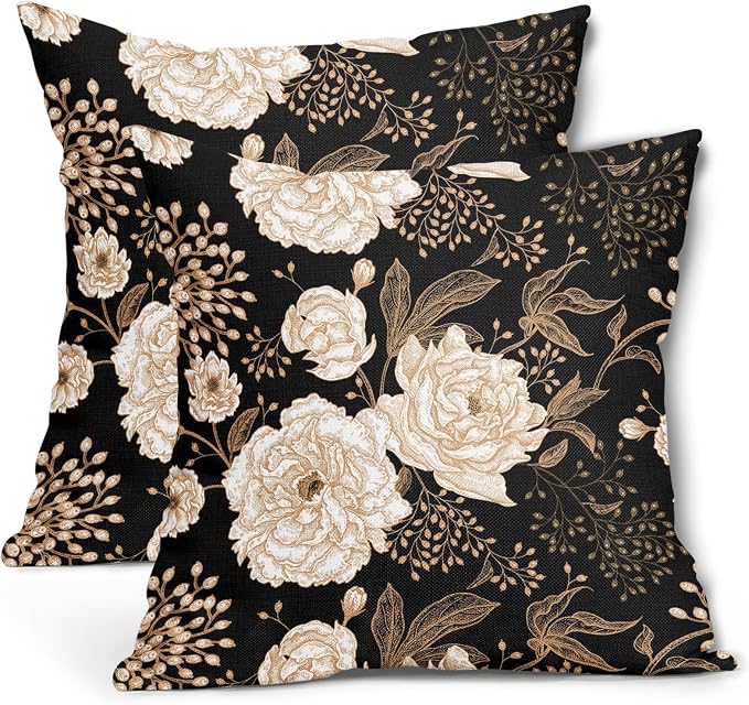 Vintage Peony Roses Floral Plant Pillow Covers 18X18 Inch Set of 2 Chinoiserie White Flower Leaves Decorative Pillow Cases Black Gold Cushion Case Vintage Home Decor for Sofa Couch Outdoor