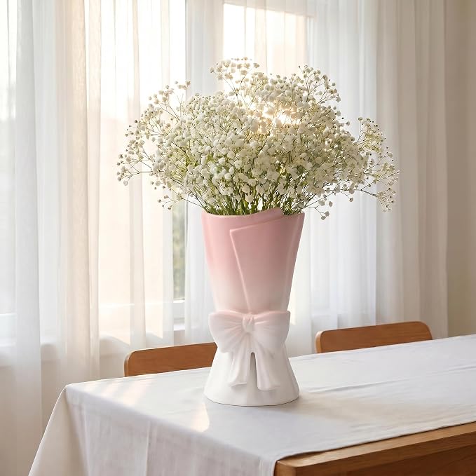 Relexome Pink White Ceramic Bow Vase 9.64 in Unique Cute Modern Decorative Bouquet Flower Vases for Home Living Room Table Decor