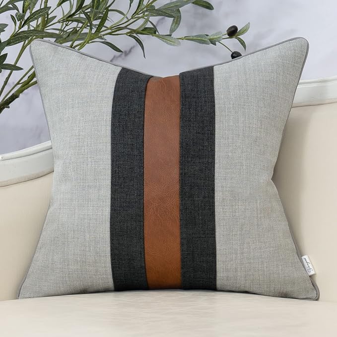 Patchwork Pillow Cover 18x18 Inch Luxury Cotton and Linen Cushion Cover Faux Leather Pillowcover for Couch Bedroom Living Room, Gray