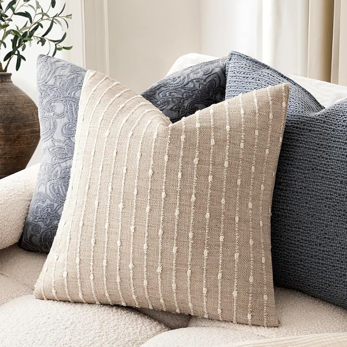 Foindtower Pack of 2 Decorative Jacquard Boucle Throw Pillow Covers Accent Textured Striped Pillowcases Soft Boho Modern Cushion for Couch Sofa Bedroom Living Room Home Decor 22x22 Inch Natural Beige