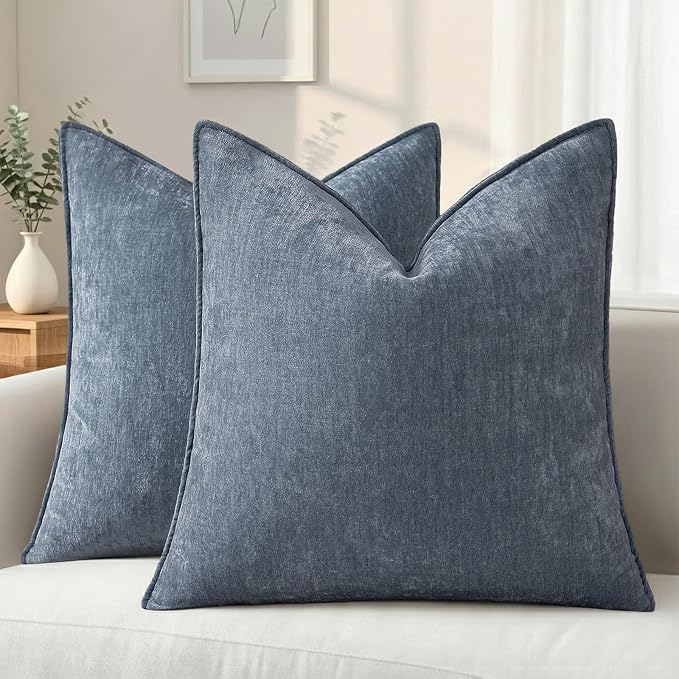 decorUhome Chenille Haze Blue Velvet Throw Pillow Covers 18x18 Set of 2 | Fall Soft Couch Decorative Modern Farmhouse Pillow Cases with Elegant Design for Sofa Bed Living Room Home Decor