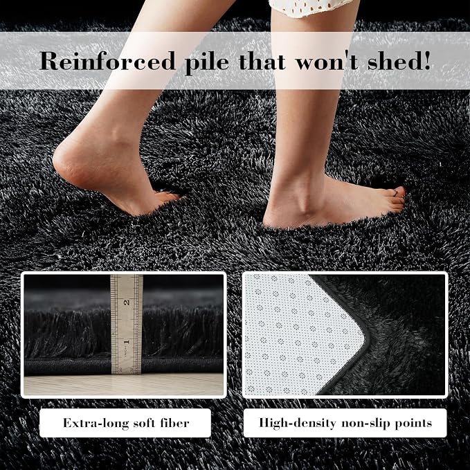 Fluffy Rug Shag Area Rug, Black 3x5 Area Rugs for Bedroom, Small Bedside Rug, Soft Fluffy Shag Entryway Throw Rugs for Living Room Bedroom Room Home Decor
