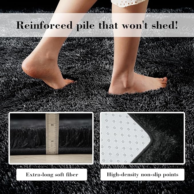 yongyangjuxin Fluffy Rug Shag Area Rug, Black 8x10 Area Rugs for Living Room, Large Shag Area Rugs for Bedroom Room Home Decor, Upgrade Anti-Skid Rectangular Fuzzy Rugs