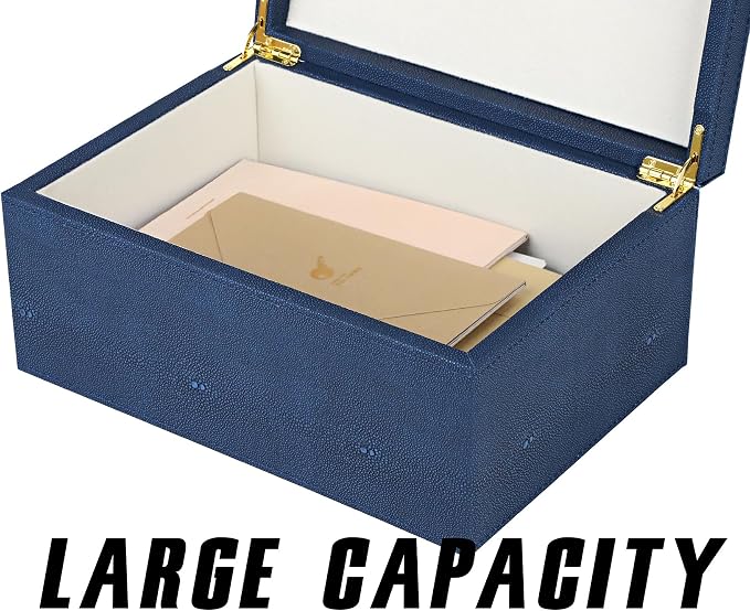 HofferRuffer Faux Leather Decorative Box, Large Wooden Structure Keepsake Box Accessory Organizer Jewelry Organizer with Hinged Lid, Storage Container for Home or Office (NavyBlue Shagreen)