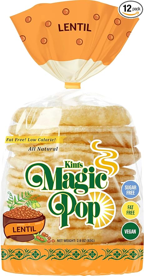 Kim's Magic Pop Freshly Popped Rice Cakes | Vegan | LentilFlavor | 12 Bags | 15 Cakes per Bag | Low Carb, Sugar Free, Fat Free, Natural, Multigrain Korean Snack | Easy Bread, Chip, Cracker Replacement