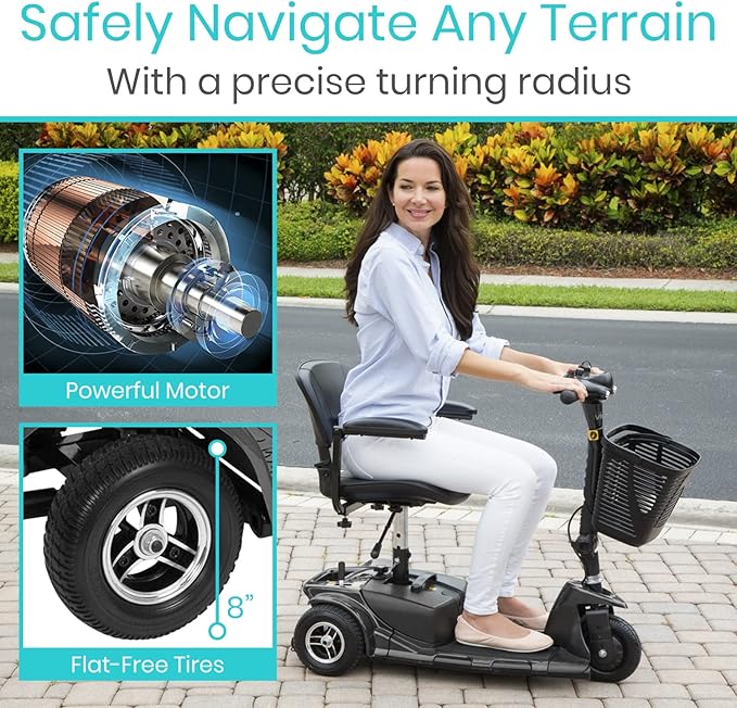 Vive 3 Wheel Mobility Scooter - Electric Powered Mobile Wheelchair Device for Adults - Folding, Collapsible and Compact for Travel - Long Range Power Extended Battery with Charger and Basket Included