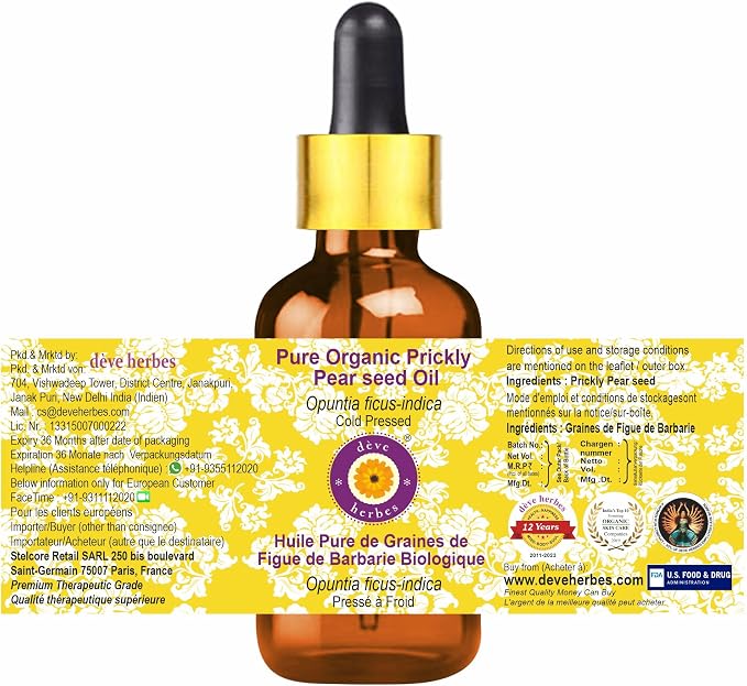 Deve Herbes Pure Organic Prickly Pear Seed Oil (Opuntia ficus-Indica) with Glass Dropper Cold Pressed 30ml (1 oz)
