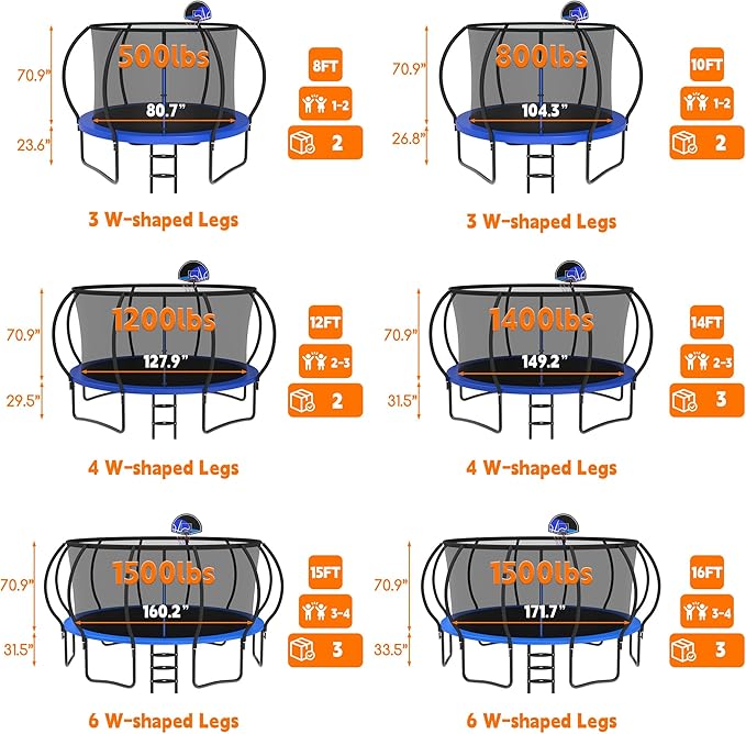 DeepRoar 2026 Upgraded 8/10/12/14/15/16FT Pumpkin Tranpoline for Kids, Heavy Duty 1500LBS Outdoor Tranpoline Set with Basketball Hoop, Light, Sprinkler & Socks, Recreational Trampolings, ASTM Approved