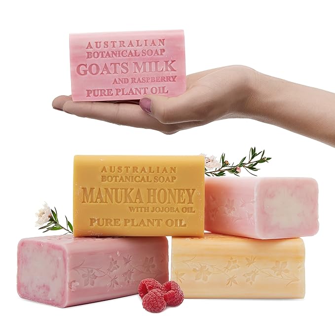 Australian Botanical Soap Sweet & Fruity 4 Bar Variety Pack – Goats Milk Raspberry, Manuka Honey, Pink Lychee & Valencia Orange, Triple Milled 6.6 oz Bars with Shea Butter