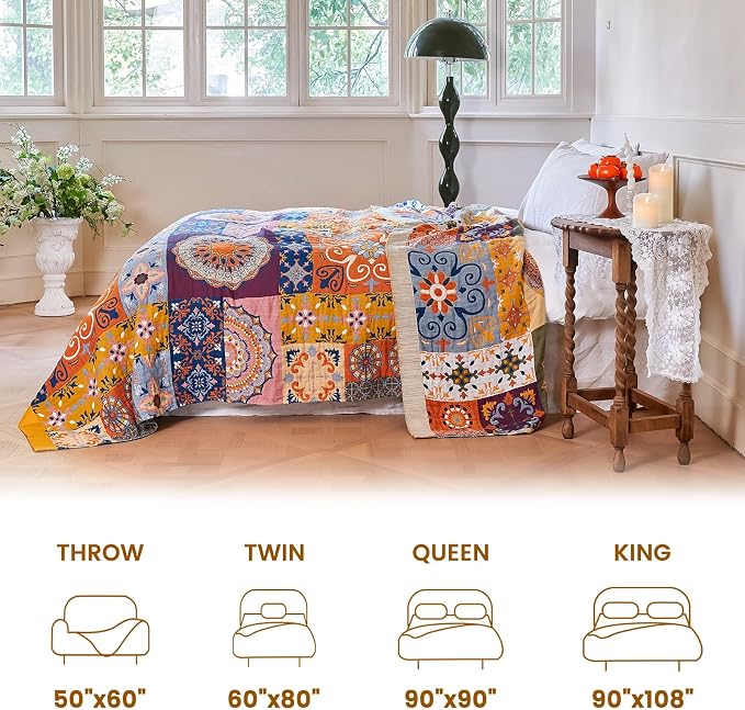 MSGKV Boho Throw Blanket 90"x108" 100% Cotton Roman Muslin King Blanket | 100% Cotton Muslin, King Size Throw Blanket, Soft & Breathable, Lightweight Comfort, Bedroom Home Accent, Machine Washable