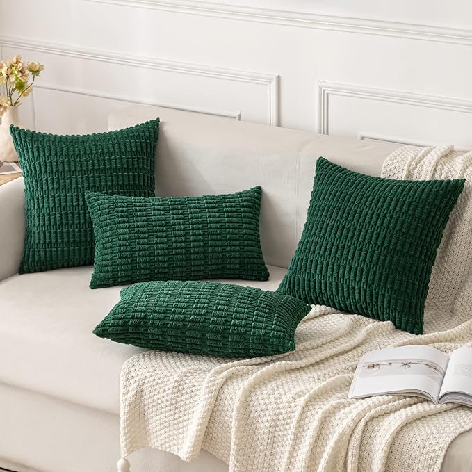 MIULEE Corduroy Decorative Throw Pillow Covers 16x16 Dark Green Pack of 2 | Soft Boho Striped Pillow Covers Modern Farmhouse Home Decor For Sofa Living Room Couch Bed