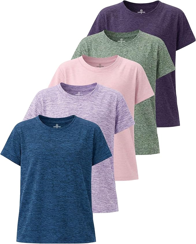 Real Essentials 5 Pack: Girls' Short Sleeve Dry-Fit Athletic T-Shirt - Active Gym Crew Neck Tops for Teens Kids (Ages 4-16)