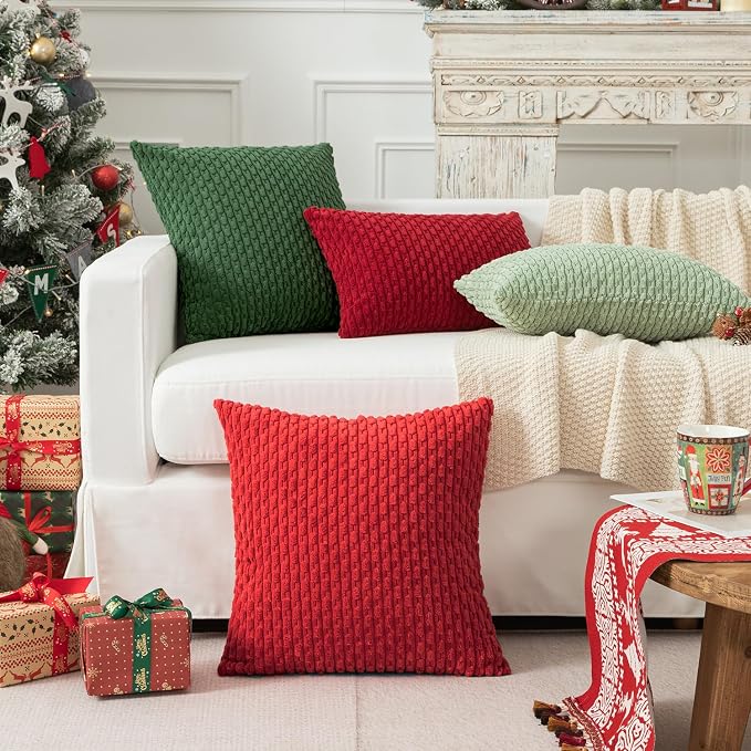 Kevin Textile Soft Corduroy 14"x24" Lumbar Pillow Cover 1 Pack, Red | Boho Stripe Plush Corduroy Decorative Oblong Cushion Cover Modern Farmhouse Home Decor for Sofa Couch Bed Chair