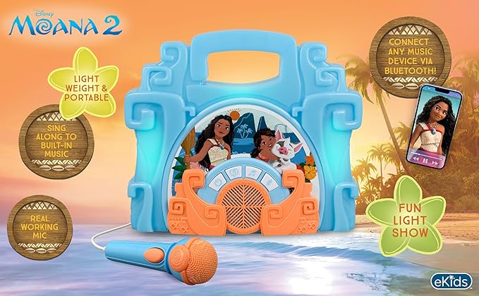 eKids Disney Moana Bluetooth Sing Along Boom Box with Microphone For Fans of Moana Toys, Kids Karaoke Machine with Built in Music and Flashing Lights