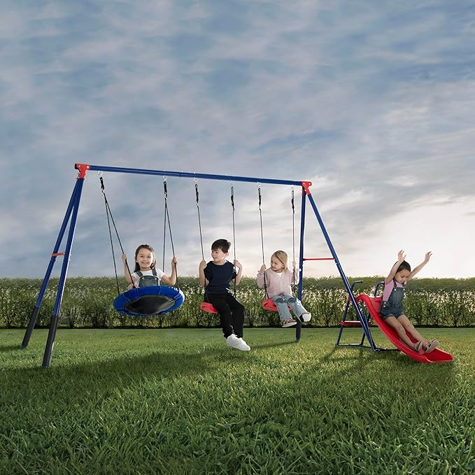 Delta Children FunZone Outdoor Metal 4-Piece Swing Set - Includes 2 Swings, 1 Disc/Saucer Swing and Slide, Blue/Red