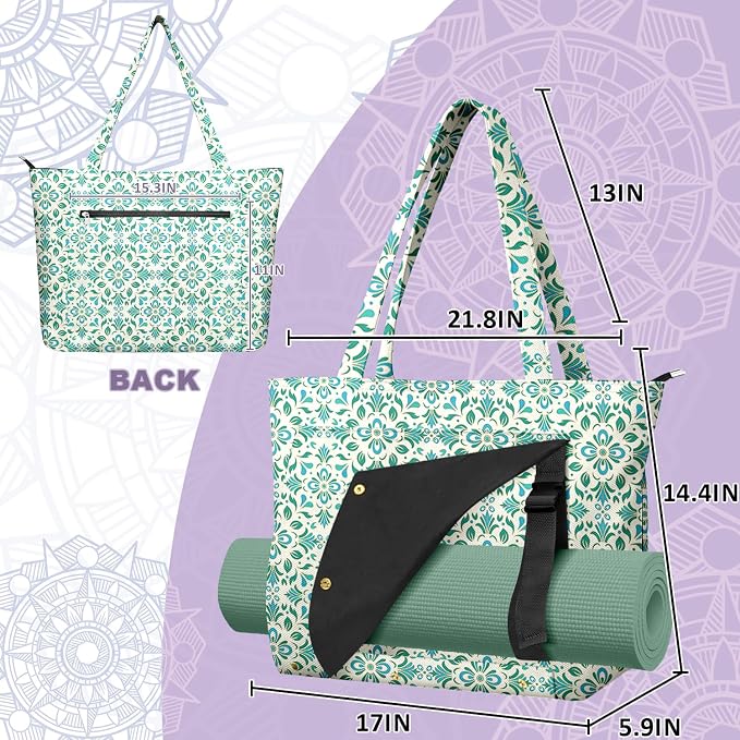 Yoga Bag for Women, Large Canvas Yoga Mat Tote Bag with Yoga Mat Carrier - Large Mat Pocket Fitness Tote for Pilates, Gym, Travel, Office & Beach