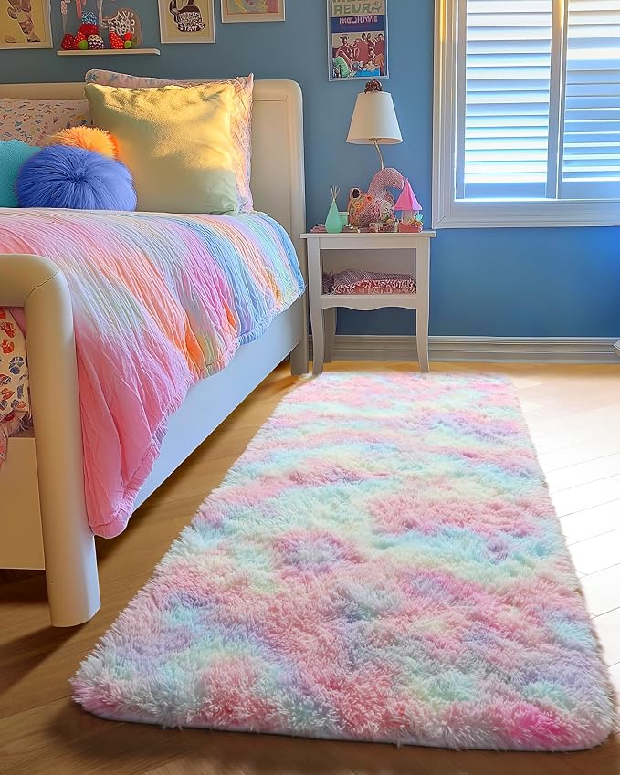PAGISOFE Rainbow Runner Rugs for Girls Bedroom Plush Fluffy Hallway Rug 2x6 Ft,Kawaii Vibrant Carpet for Living Room, Non-Slip Indoor Princess Rugs for Nursery Kids Girls Room Home Decor Cute Colorful