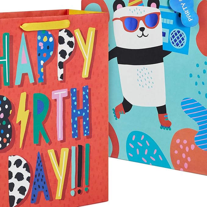 Hallmark 15" Extra Large Birthday Gift Bag Set (2 Bags: Party Animal Panda, Orange Happy Birthday) for Kids, Teens, Grandchildren