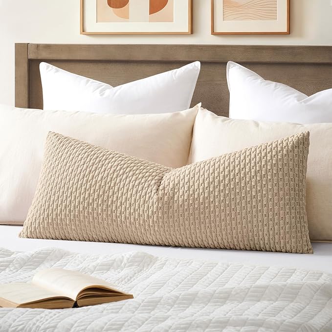 Kevin Textile Soft Corduroy 20"x54" Body Pillow Cover 1 Pack, Beige | Boho Stripe Plush Corduroy Decorative Oblong Cushion Cover Modern Farmhouse Home Decor for Sofa Couch Bed Chair
