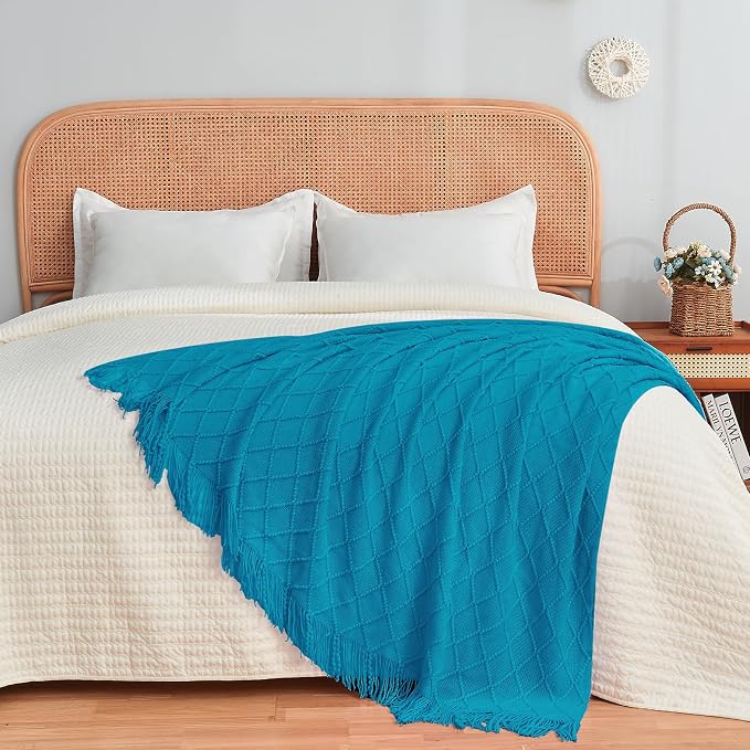 inhand Teal Knitted Throw Blanket for Couch and Bed, 50"x60" | Soft Living Room Home Decor Knitted Blanket, Tassel, Outdoor Lightweight Breathable Summer, Farmhouse Warm Woven Decorative