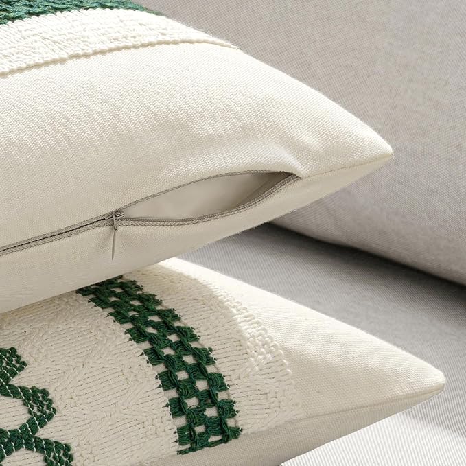 MIULEE Set of 2 Dark Green Boho Decorative Lumbar Pillow Covers 12x20 Inch | Farmhouse Couch Throw Pillows, Modern Cotton Cushion Cover, Macrame Woven Home Decor for Bed Sofa Chair