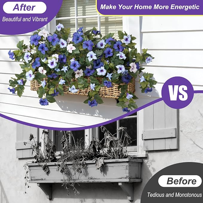 Ammyoo Artificial Fake Petunia Flowers for Outdoor Decoration, 2PCS Faux Silk Petunias Flower for Spring UV Resistant No Fade Realistic Plants for Garden Balcony Yard Porch Indoor Decor(Blue White)