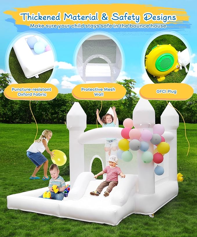 White Bounce House with Blower Included, 9x9x7FT Inflatable Bounce House Castle with Ball Pit and Slide,Small Jumper Bouncy Castle, Fun for Kids Birthday Party