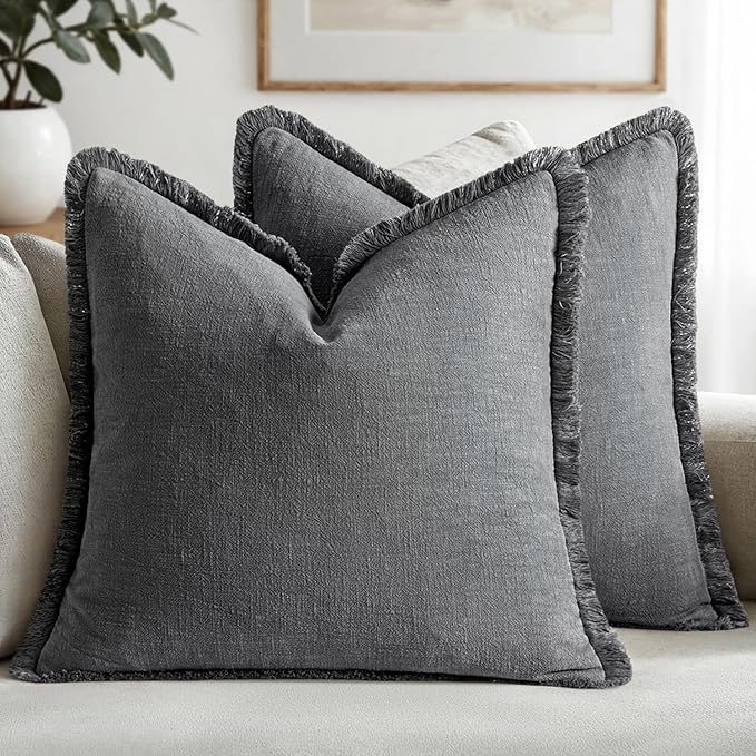 MIULEE Boho Linen Fringe Decorative Throw Pillow Covers Grey 20x20 | Set of 2, Cottagecore Decor, Boho Farmhouse Neutral Pillow Covers, Rustic Couch Cushion Cases for Sofa Bed Living Room