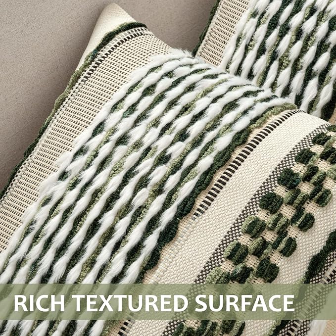 ANRODUO Boho Decorative Pillow Covers Plush Olive Green 20x20 Pack of 2 | Throw Pillow Covers, Soft Plush Tufted Farmhouse Cushion Case, Pillow Covers, Accent Neutral Pillowcase for Sofa Couch Bed