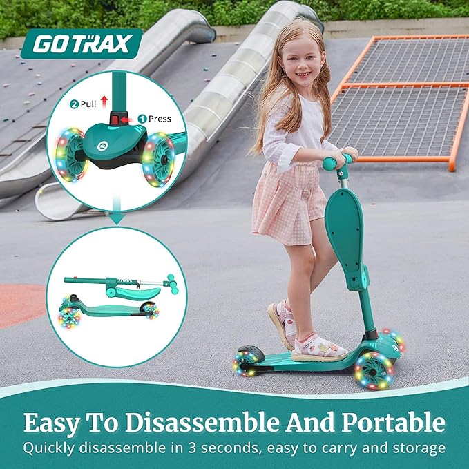 Gotrax KS3 Kids Kick Scooter, LED Lighted Wheels, Adjustable Height Handlebars and Removable Seat, Lean-to-Steer & Widen Anti-Slip Deck, 3 Wheel Scooter for Kids Ages 2-8 and up to 110 Lbs