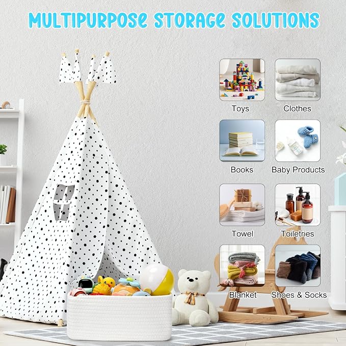 3 Pack Small Storage Baskets for Organizing, 11.8×7.8×5.1", White | Woven Baskets for shelves, Cotton Rope Basket for Gifts Empty, Closet Organizer Bins with Handles, Cube Decorative Box