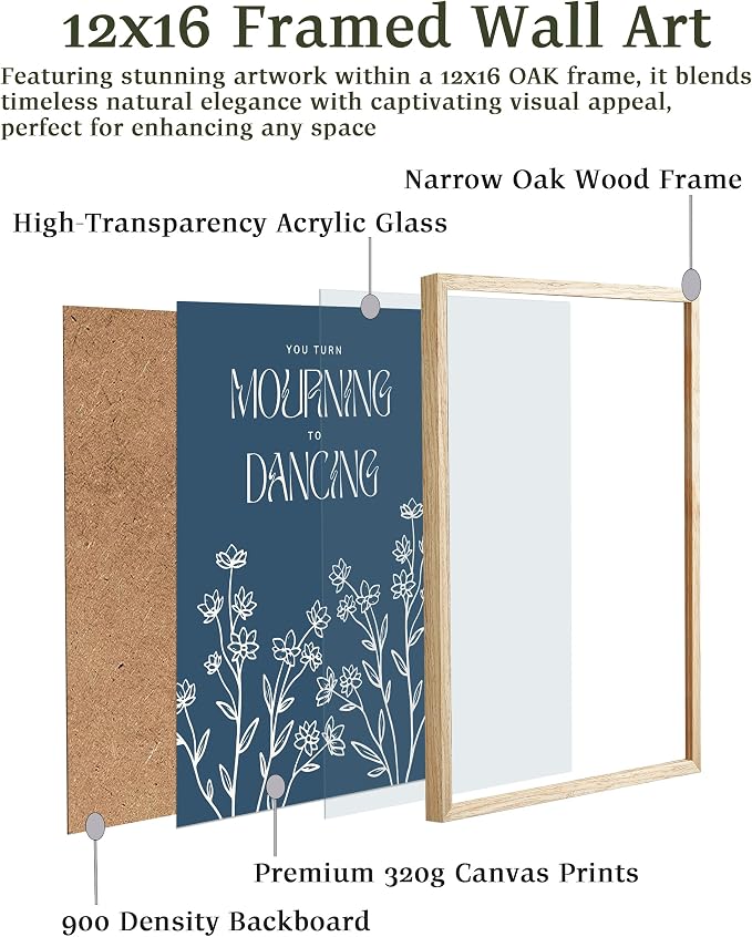 EcoHest 12x16 in Psalm 30:11 Mourning to Dancing Floral Christian Wall Art | Natural Oak Wood Frame with Canvas Wall Art, Scripture Bible Verse Wall Decor for Bedroom, Living Room, Office, Church, 1Pack