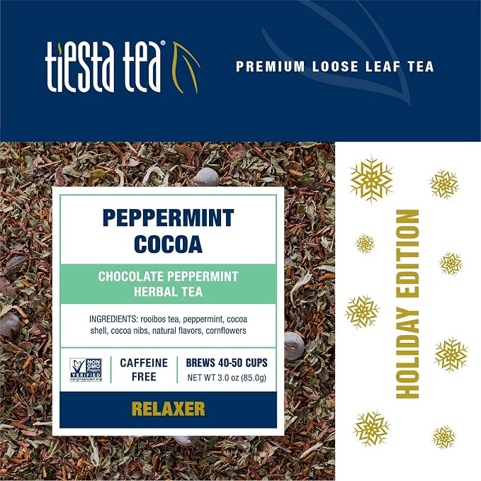 Tiesta Tea Cozy Peppermint Cocoa, Premium Loose Leaf Blends, Chocolate Peppermint Herbal Tea, Caffeine-Free, Holiday Blend, Holiday Edition, Hot or Iced Brew, Up to 25 Cups, 1.5oz Resealable Pouch