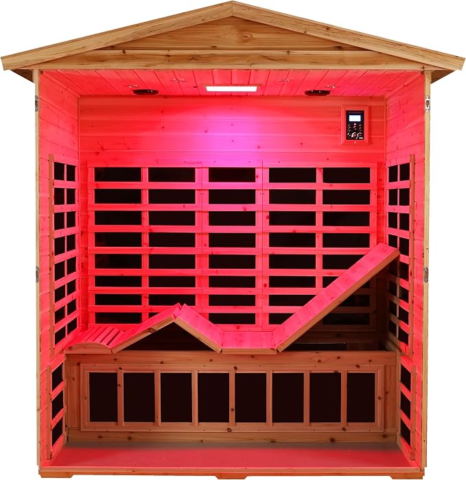Full Spectrum Outdoor Sauna 3 Person,Low EMF Far Infrared Sauna with Folding Lounge Chair for Home, | Chromotherapys| Bluetooth Speakers| Near&Mid Infrared Therapy| Fir Wood| 81.1*44.9* 83.4 In