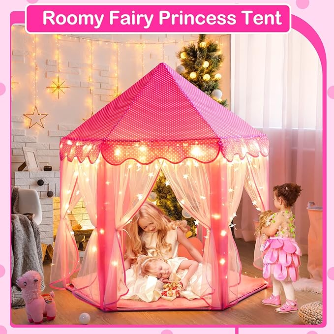 Princess Tent for Girls Fairy Castle Play Tents for Kids Toddler, Hexagon Kids Playhouse with Gift Box, Princess Toys & Gift for Girls for Indoor(Pink Tent with Mat)