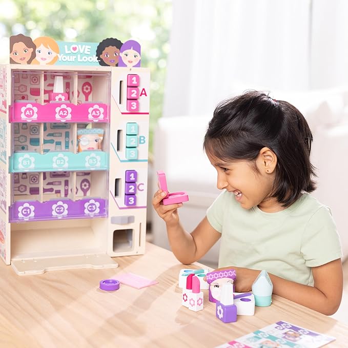 Melissa & Doug Sort, Stock, Select Beauty Kiosk Vending Machine Play Set, Pretend Makeup Wooden Toy for Boys and for Girls 3+ - FSC Certified