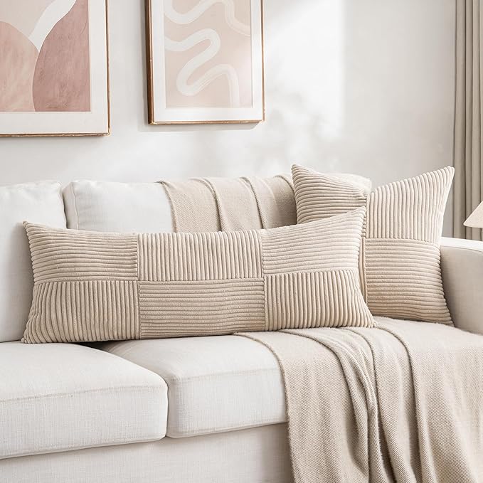 Fancy Homi 2 Packs Tan Decorative Throw Pillow Covers 16x16 Inch for Living Room Couch Bed Sofa, Farmhouse Boho Home Decor, Soft Corss Patchwork Corduroy Textured Square Beige Cushion Case 40x40 cm