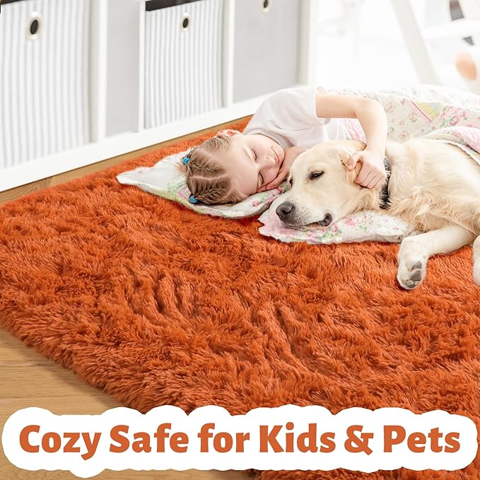 Amdrebio Burnt Orange Area Rugs 9x12 for Living Room Bedroom, Large Fluffy Fuzzy Shaggy Furry Rug for Kids Room Decor Aesthetic, Big Cute Plush Shag Dark Orange Carpet for Classroom Playroom Nursery