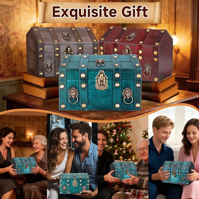 Large Vintage Wooden Treasure Chest Antique Box with Metal Lock | Wood Jewelry Box Storage Decorative Boxes Handmade Rectangle Organizer for Women Ring Necklace Earring Coins Collectibles