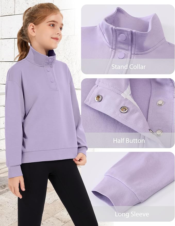 Girls Long Sleeve Collared Shirt Button Down Mock Neck Sweatshirt Athletic Cycling Clothing for Kids 5-14Years