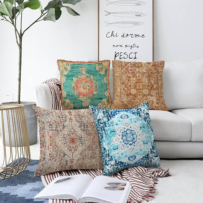 Boho Throw Pillow Covers 16x16 inch Set of 2,Bohemian Vintage Carpet Pattern Antique Ethnic Decor Double Sided Pattern Cushion Cover Soft Pillow Case Living Sofa Room Bed Square Pillow Cover
