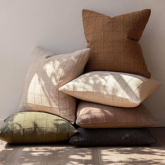 Foindtower Set of 2 Decorative Linen Check Throw Pillow Covers Neutral Farmhouse Vintage Cushion Covers Modern Boho Home Decor for Sofa Chair Couch Bedroom Living Room,22×22 Inch,Brown Hazel