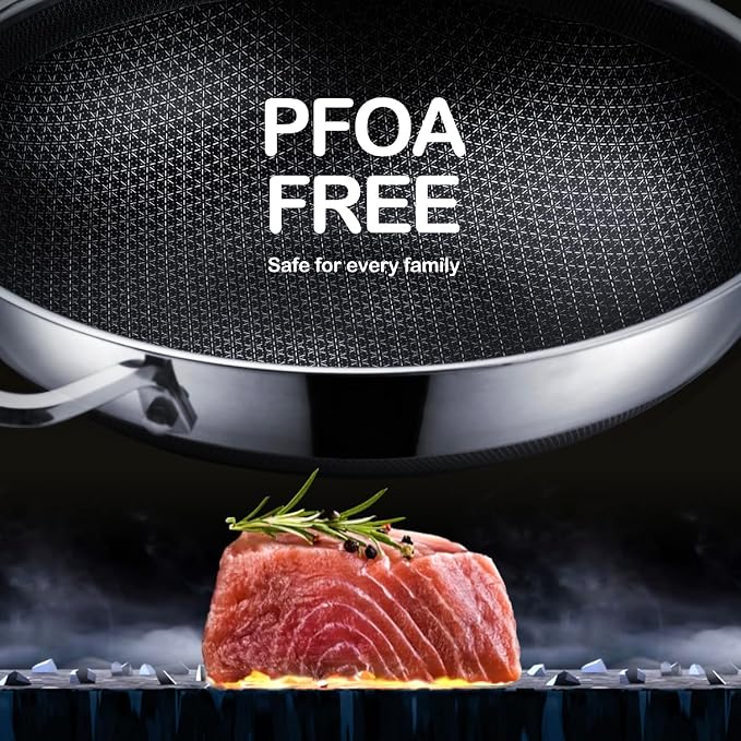 DOTCLAD Wok pan,Hybrid 13 inch Wok with Lid, PFOA Free Cookware,non stick Stainless Steel Woks & Stir-fry pans Nonstick, Dishwasher and Oven Safe, Works on Induction