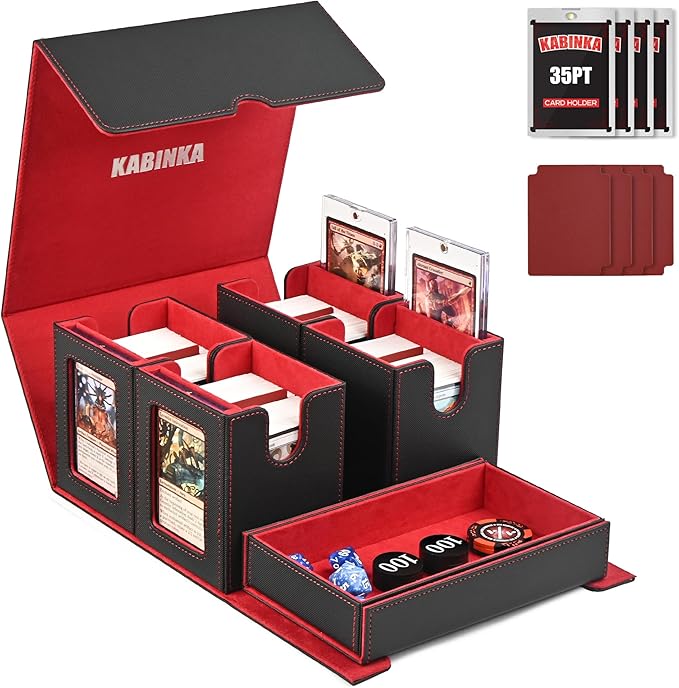 Kabinka Card Deck Box for MTG Commander, Holds 400+ Double-Sleeved Cards, 5 IN 1 Detachable Card Case with Dice Tray, Fits Magic/TCG Cards, 4 Magnetic Card Holders & Dividers (Black Red)