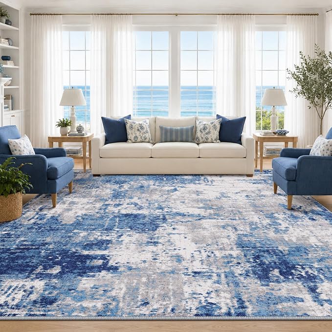 RELEANY Washable 10'x12' Abstract Area Rug for Living Room Blue Gray | carpet for bedroom, kitchen, office, hallway and entryway, printed pattern, non-slip, soft, stain-resistant, easy to clean
