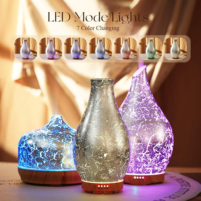Porseme 100ml Silver-Plated Volcano Essential Oil Diffuser 3D Glass - Elegant and Effective Aromatherapy with 7 Color Changing LEDs and Waterless Auto-Off BPA Free for Home Yoga Leisure SPA Gift